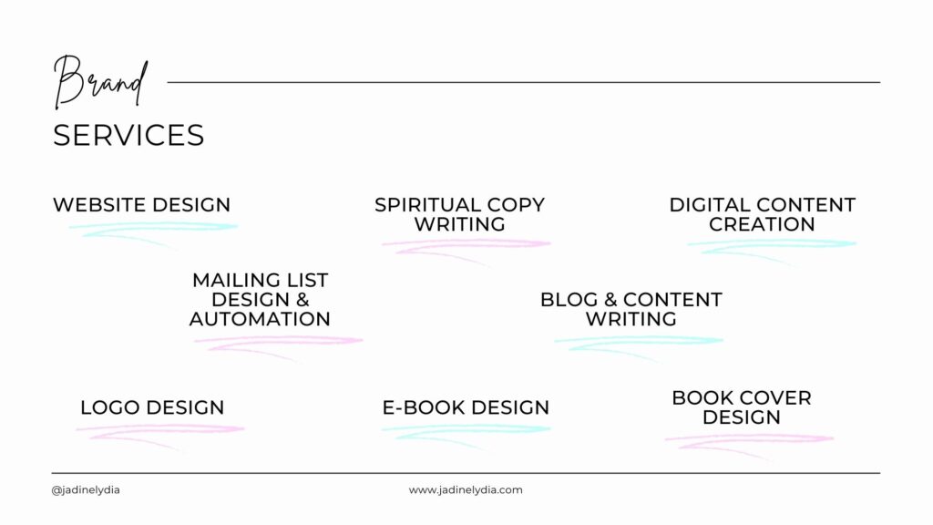 slide with labels: website design, spiritual copy writing, digital content creation, mailing list design & automation, blog & content writing, logo design, e-book design, book cover design