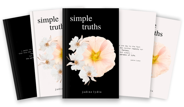 A spread of five copies of 'Simple Truths' by Jadine Lydia, alternating between the back cover and front covers, as well as the black and pink variations.