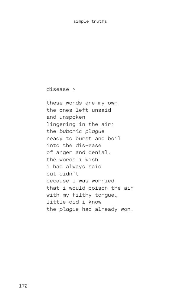 A poem titled 'disease' by Jadine Lydia. 'these words are my own the ones left unsaid and unspoken lingering in the air; the bubonic plague ready to burst and boil into the dis-ease of anger and denial. the words i wish i had always said but didn’t because i was worried that i would poison the air with my filthy tongue, little did i know the plague had already won.'