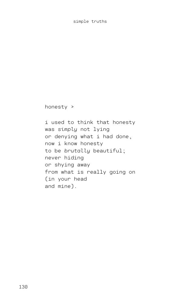 A poem titled 'Honesty' by Jadine Lydia. 'i used to think that honesty was simply not lying or denying what i had done, now i know honesty to be brutally beautiful; never hiding or shying away from what is really going on (in your head and mine).'