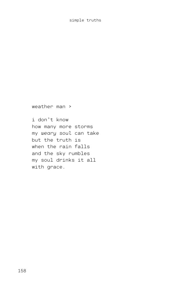 A poem titled 'Weather Man' by Jadine Lydia. 'i don’t know how many more storms my weary soul can take but the truth is when the rain falls and the sky rumbles my soul drinks it all with grace.'