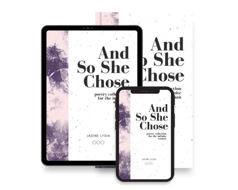 A hardback, iPad and phone edition of 'And So She Chose' layered next to each other.