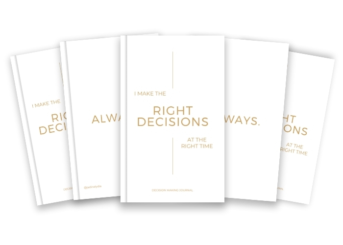 A row of five white decision making journals that alternate between the front and back covers. The front cover reads 'I Make the Right Decisions At The Right Time' and the back cover reads #Always'