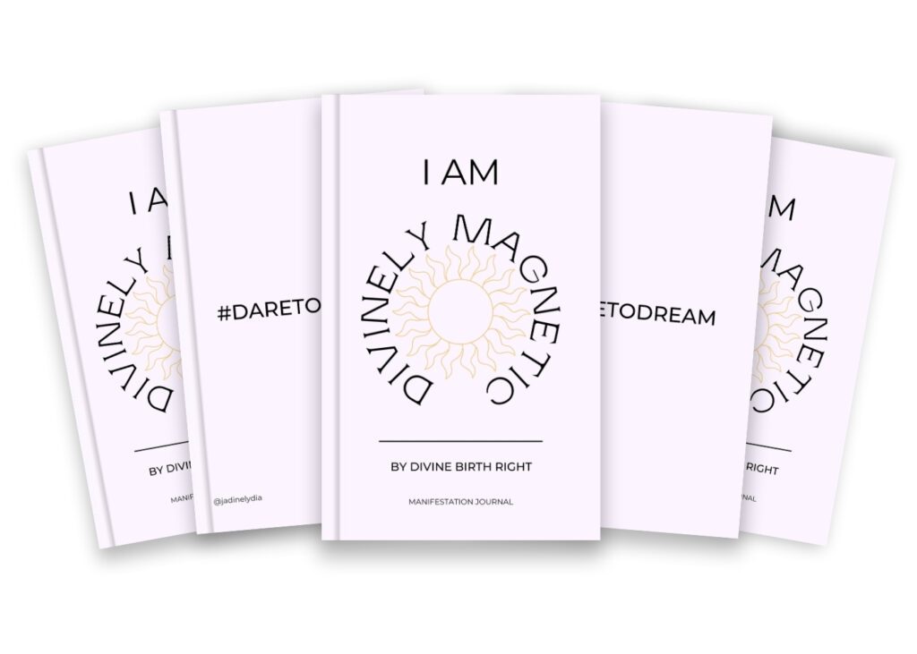 A row of five light pink manifestation journals that alternate between the front and back covers. The front cover reads 'I Am Divinely Magnetic By Divine Birth Right' and the back cover reads #Dare To Dream.'