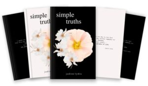 A spread of five copies of 'Simple Truths' by Jadine Lydia, alternating between the back cover and front covers, as well as the black and pink variations.