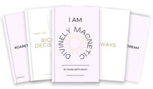 A five spread row of three pink manifestation journals and two white decision making journals, layered in a way that alternates their front and back covers.