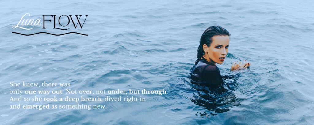 A female model merging from the sea in a wetsuit advertising a swimwear brand called 'Lunaflow' with a poem that reads 'She knew, there was only one way out. Not over, not under, but through. And so she took a deep breath, dived right in and emerged as something new.'